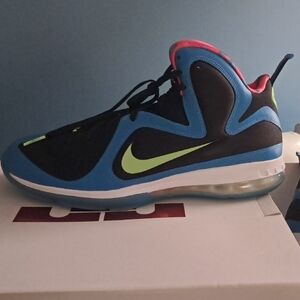 Nike Lebron 9 Blue and Black Sneakers with Neon Green Swoosh Size 14 Men
